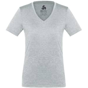 A grey women's short sleeve tee with a V-neck design. It features branding on the inside label.