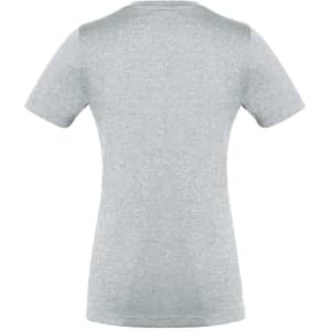 A grey women's short sleeve T-shirt with a fitted design and a logo on the back.