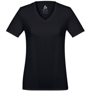 A black women's short sleeve T-shirt with a V-neck design, featuring a logo on the inside.