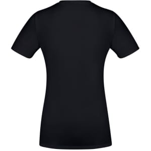 A black women's short sleeve tee featuring a fitted silhouette and a logo on the back.