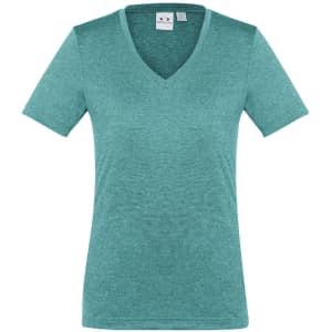 A teal women's short sleeve tee with a V-neckline and a logo on the label.