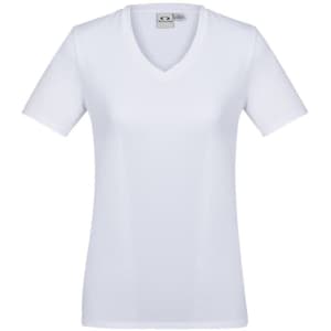 A white short sleeve tee with a V-neck design, featuring a logo on the label.