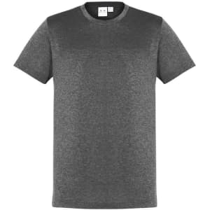A dark grey short sleeve T-shirt with a subtle design and a logo on the label.