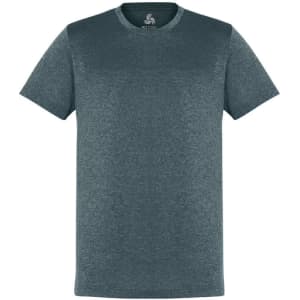 A men's short sleeve tee in a blue-grey colour, featuring a logo on the neckline.