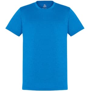 A blue short sleeve tee shirt with a round neckline and a logo on the inside label.