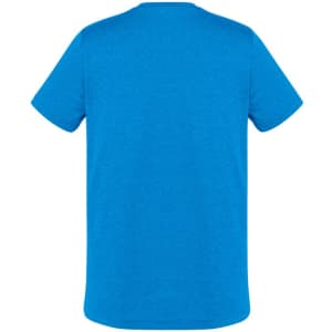 A blue short sleeve t-shirt with a simple design and a logo on the back.