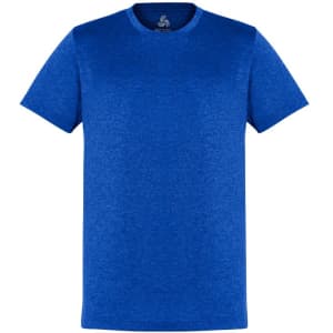 A blue short sleeve tee with a round neckline and a logo on the inside label.