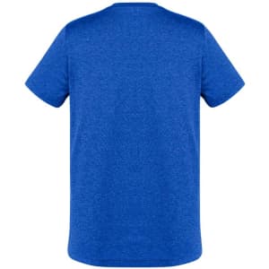 A blue short sleeve T-shirt featuring a simple design with a logo on the back.