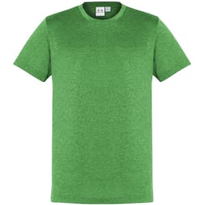 A green short sleeve tee with a round neckline and a logo at the collar.