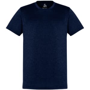 A navy blue men's short sleeve tee featuring a classic style and a branding logo.