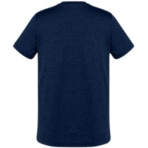 Navy blue men's short sleeve tee featuring a simple design and a logo. Back view shows smooth fabric texture.
