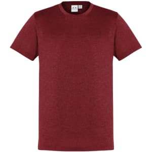 A maroon short sleeve tee shirt with a plain design and a tag inside. The shirt features a logo on the tag.