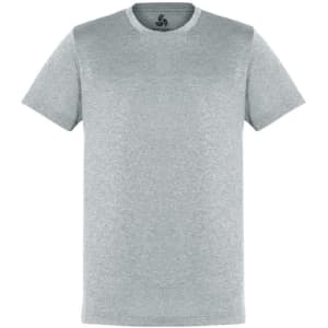 A grey short sleeve tee with a rounded neckline and a logo on the interior neck.
