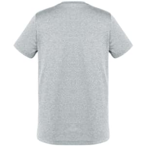 Grey short sleeve tee shirt featuring a round neck and a plain back design. It includes a logo.