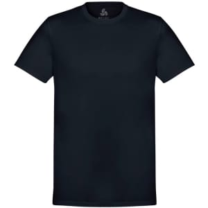 A black short sleeve men's t-shirt featuring a crew neck and a logo on the inside collar.