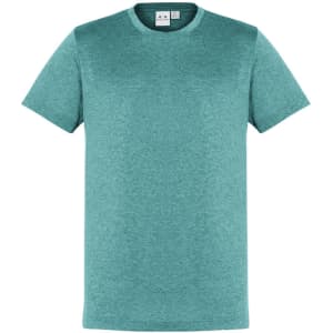 A teal short sleeve tee featuring a crew neckline and a subtle texture. It includes a branding logo.