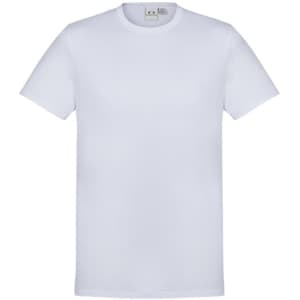A white short sleeve tee shirt featuring a collar and a brand logo.
