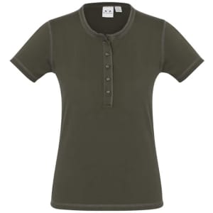 A ladies vintage tee in olive green with a henley neckline and short sleeves, featuring button details.