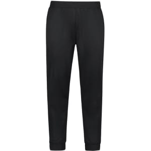 A pair of black track pants with a tapered fit and elastic cuffs, featuring a logo on the waistband.