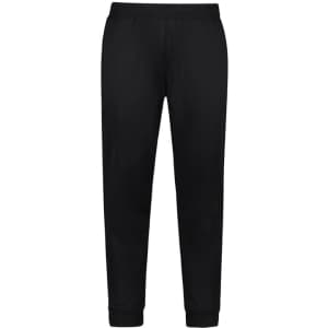 A pair of black track pants with a waistband and cuffs at the ankles, featuring a logo.