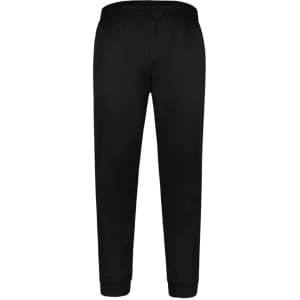 A pair of black track pants with an elastic waistband and cuffs at the ankles. The pants have a plain design and a branding logo.