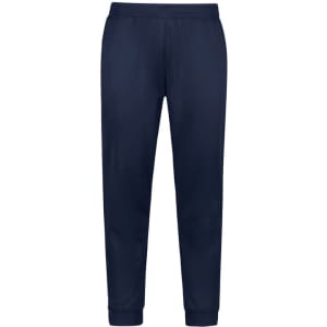 Navy track pants with a tapered fit and elastic waistband, featuring a logo on the design.