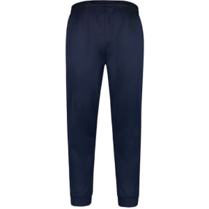 A pair of navy track pants with an elastic waistband and cuffs, featuring a logo.