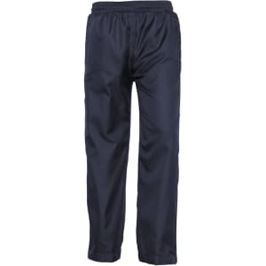 Navy track pants with an elastic waistband, featuring side pockets and a small logo. Ideal for active kids.