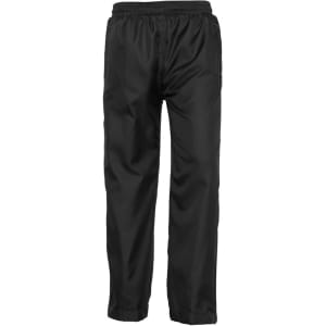 Black track pants featuring an elastic waistband and pockets, with a logo on the side.