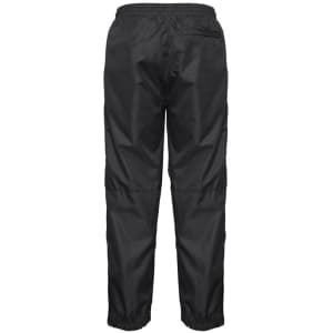 Black track pants with an elastic waistband and gathered cuffs, featuring a branding logo.