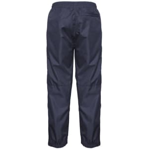 A pair of navy blue track pants with an elastic waistband and elastic cuffs at the ankles, featuring a branding logo.