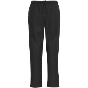 Unisex black track pants with an adjustable drawstring waistband and a logo on the side. Smooth fabric finish.