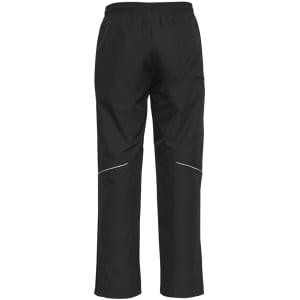 Black unisex track pants with an elastic waistband, featuring reflective details and a logo.