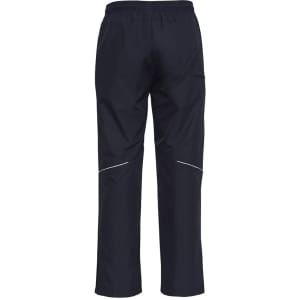 A pair of unisex track pants in navy blue, featuring reflective detailing and an elasticated waistband.