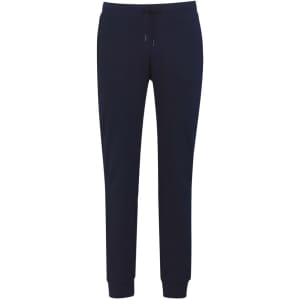Navy track pants with a fitted design, featuring an elastic waistband and pockets. Includes branding logo.