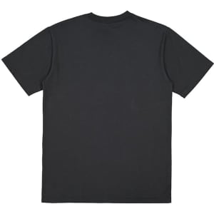 A plain black short sleeve men's t-shirt featuring a simple design and a logo on the back.
