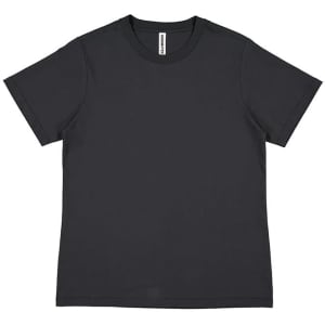 A black women's short sleeve tee with a simple design and a tag inside. It features a basic round neckline.