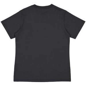 A black women's short sleeve tee with a simple design, featuring a logo on the back.