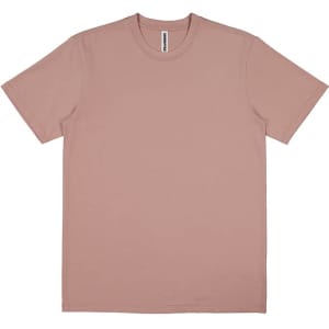 A short sleeve tee in a dusty pink shade, featuring a simple design and a brand logo.