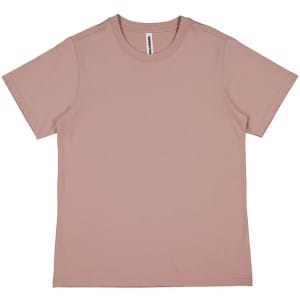 A short sleeve tee in a soft mauve colour with a label and no visible graphics.
