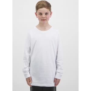 A white long sleeve tee designed for kids, featuring a simple, classic fit and a logo on the front.