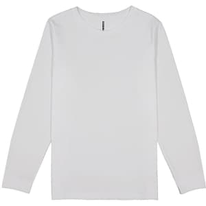 A long-sleeve white t-shirt featuring a simple design and a brand logo.
