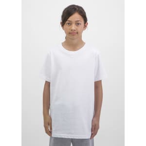 A white short sleeve tee for kids, displayed on a model standing against a neutral background.