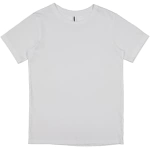 A plain white short sleeve tee featuring a simple design and a label inside the neckline.