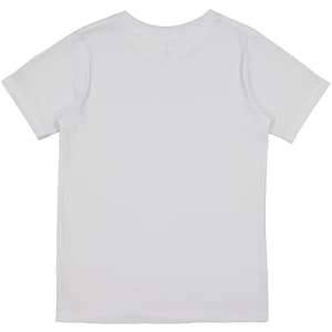 A white short sleeve tee for kids, featuring a simple design and a logo on the back.