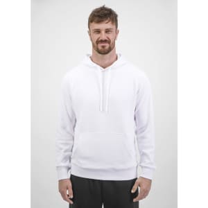 A white men's hoodie with a front pocket and hood, worn by a smiling individual. It features a logo on the chest.