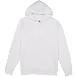 A white hoodie featuring a front pocket and a hood, with a small logo on the front.