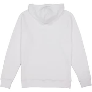 A white hoodie with a back view featuring a hood and long sleeves. The garment includes a logo.