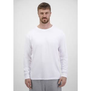 A long sleeve white tee for men, featuring a simple design and a logo on the front.