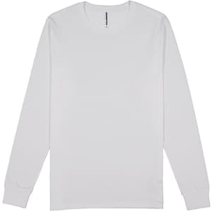 A white long sleeve t-shirt with a simple design and a small logo on the label.